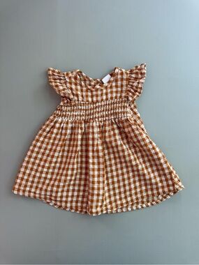 Hema European Brown Cream Plaid Check Smocked Baby Girl Dress 6-12M size